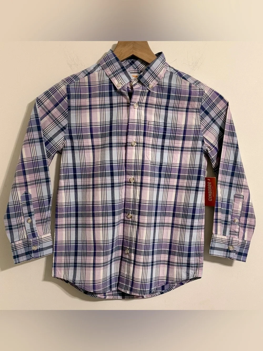 Gymboree Boys Plaid Button Down Shirt Size 7 NWT Pink Blue Cotton Long Sleeve